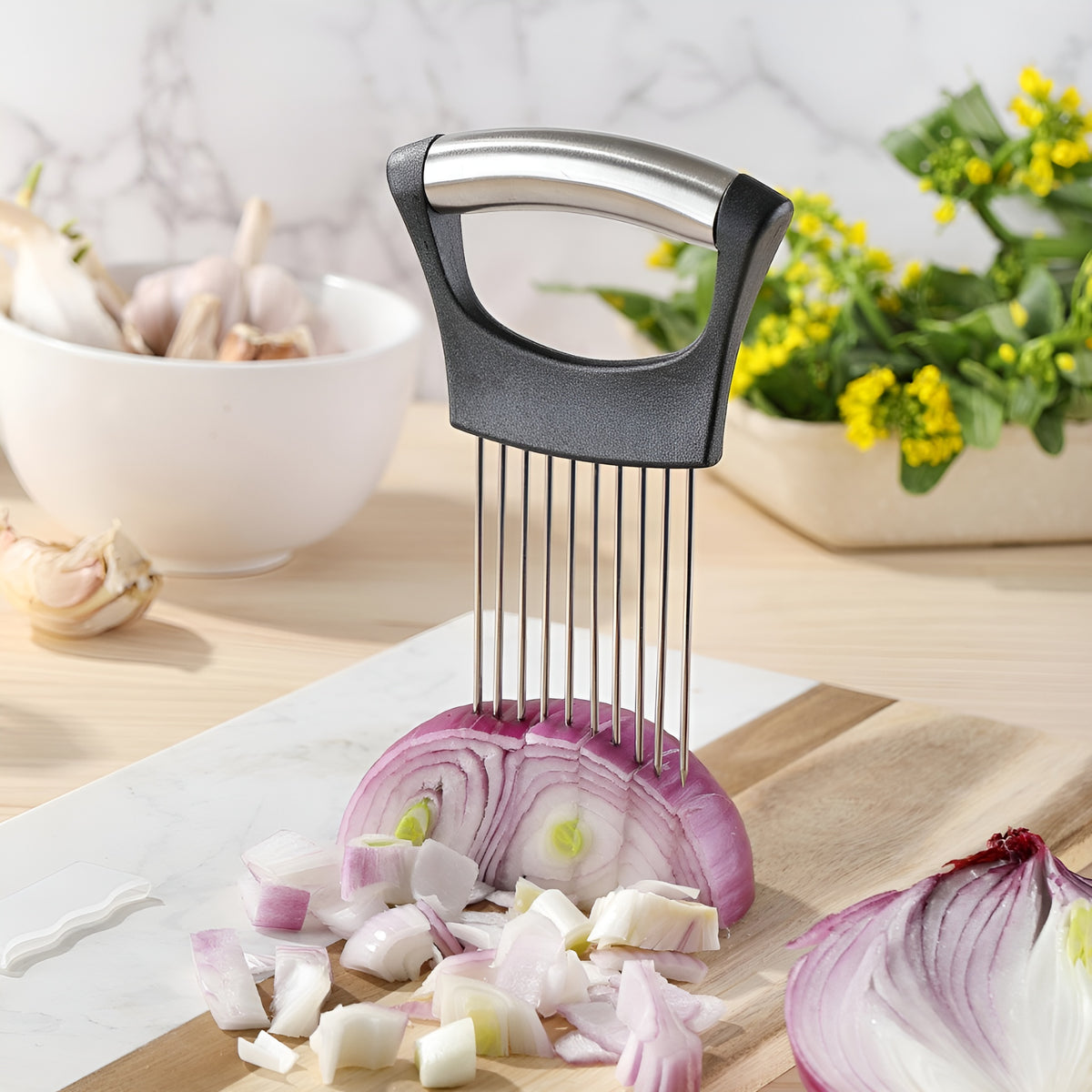 Soporte acero inoxidable para rebanar cebollas para cocina – Tienda online NQLN Store Venezuela