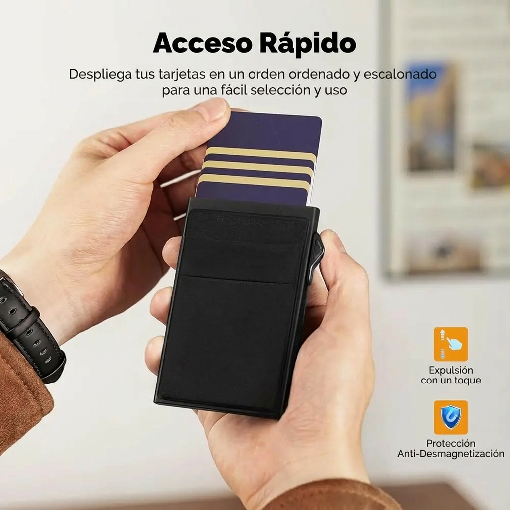 Tarjetero antirrobo con boton automatico
