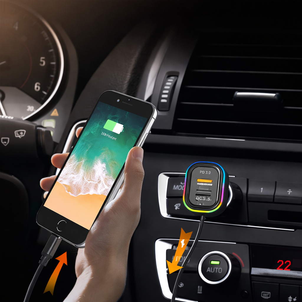 Cargador rapido para carro de 65 W con 3 puertos USB