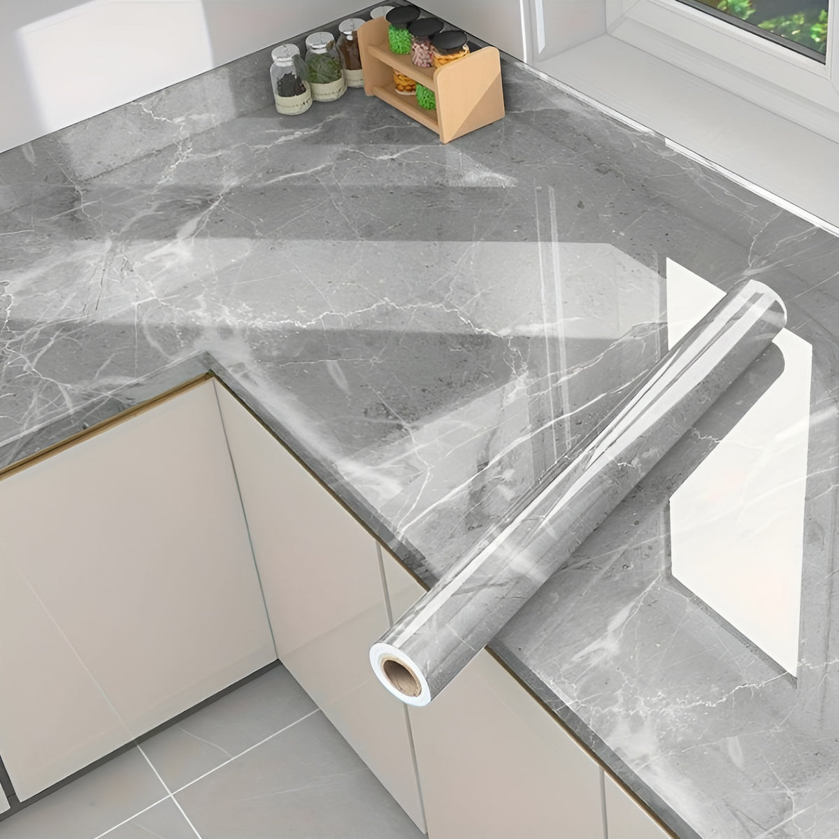 Papel tapiz 3D de mármol impermeable para cocina – Vista de cerca del producto – NQLN Store