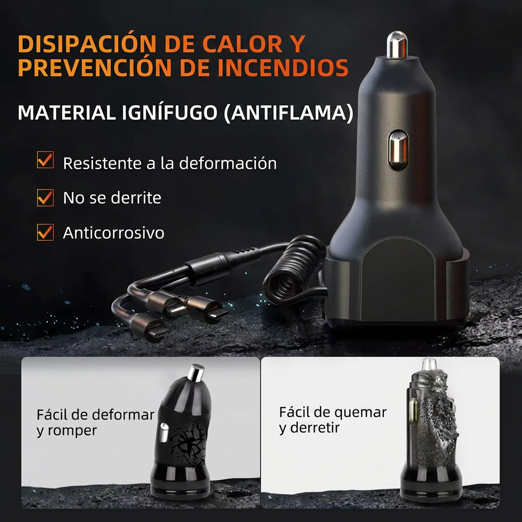 Cargador rapido para carro de 65 W con 3 puertos USB