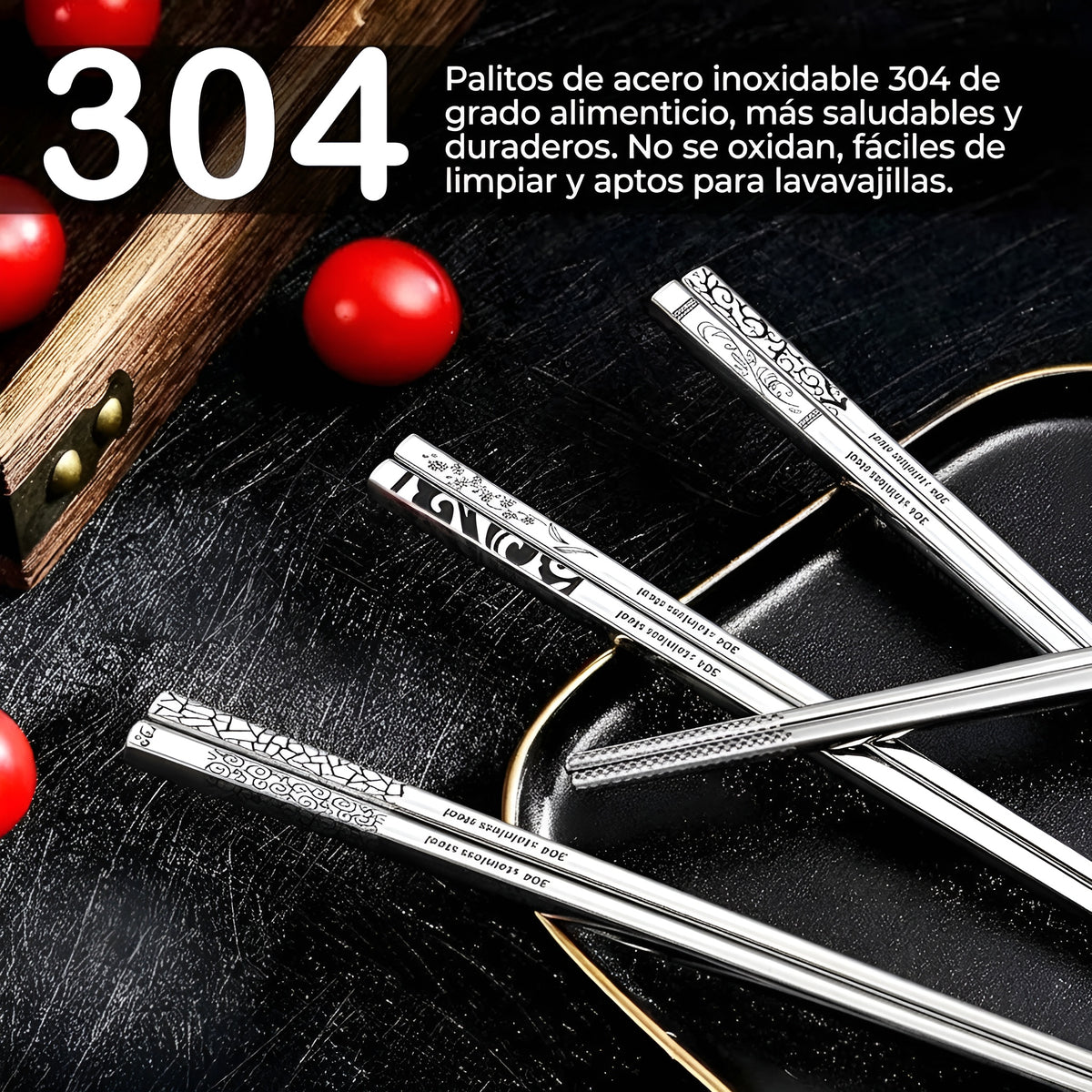 Juego 5 palillos de acero inoxidable para sushi (5 pares)