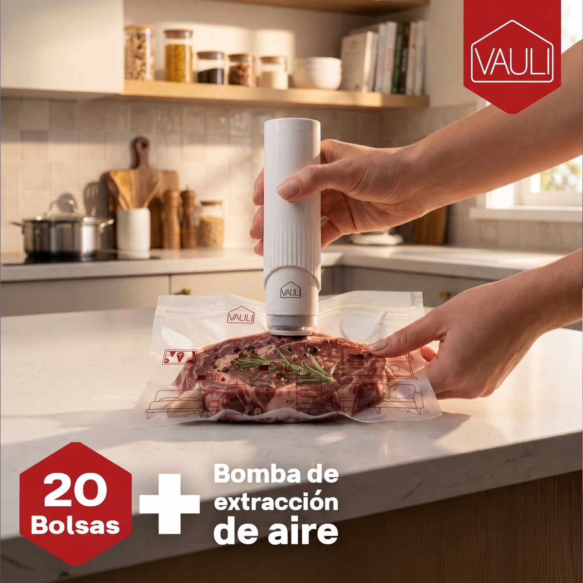 Kit de sellado al vacío para comida alimentos (bomba + 20 bolsas) VAULI