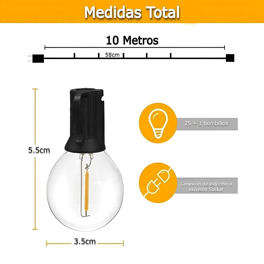 Luces para exteriores de 10 metros de Longitud y 25 Bombillos
