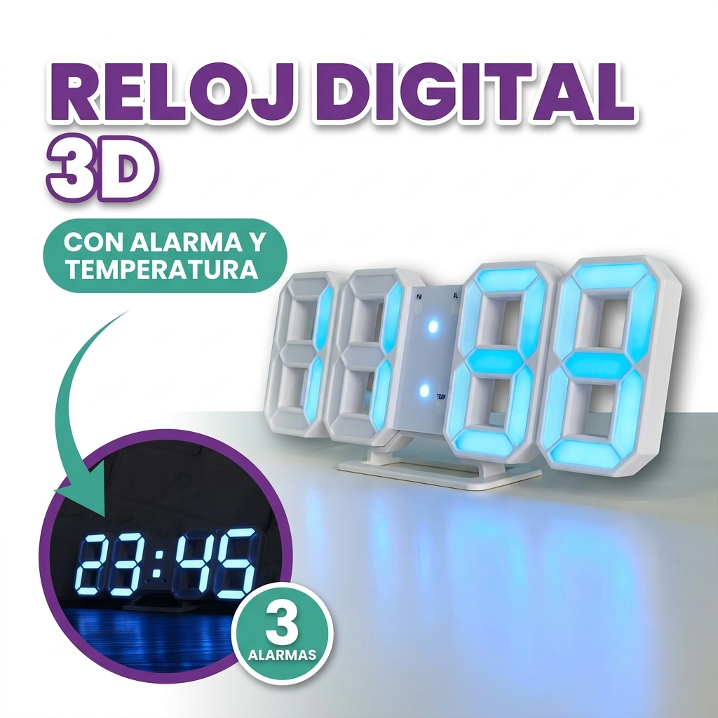 Reloj digital 3D con alarma