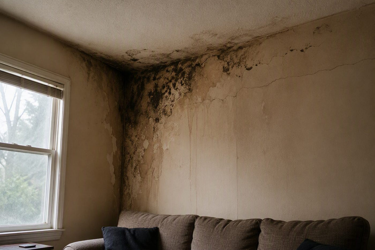 Antes: pared con mancha de humedad, moho y pintura levantada
