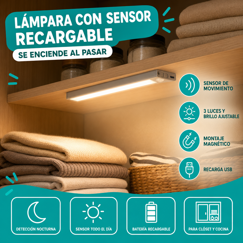Lampara rectangular con sensor de movimiento recargable